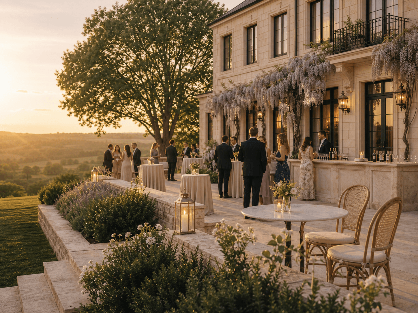 Guests gathering in an outdoor courtyard at golden hour